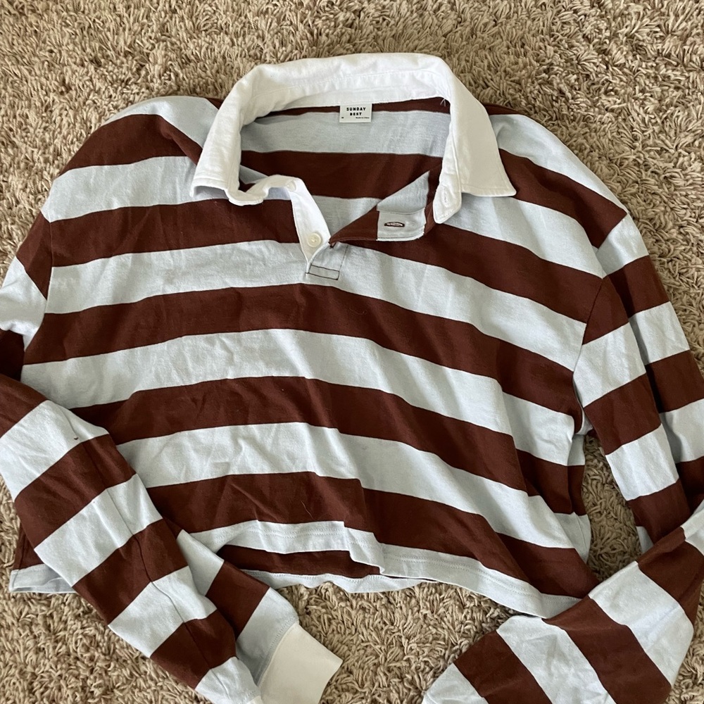 Aritzia Sunday Best rugby shirt, brown and light blue stripes, size M